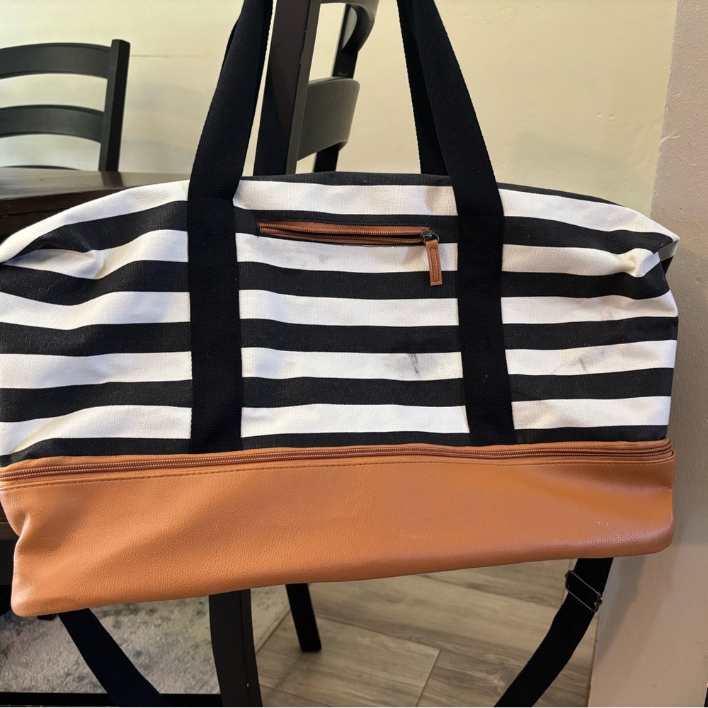 DSW Black & White Striped Canvas Weekender with Brown Base